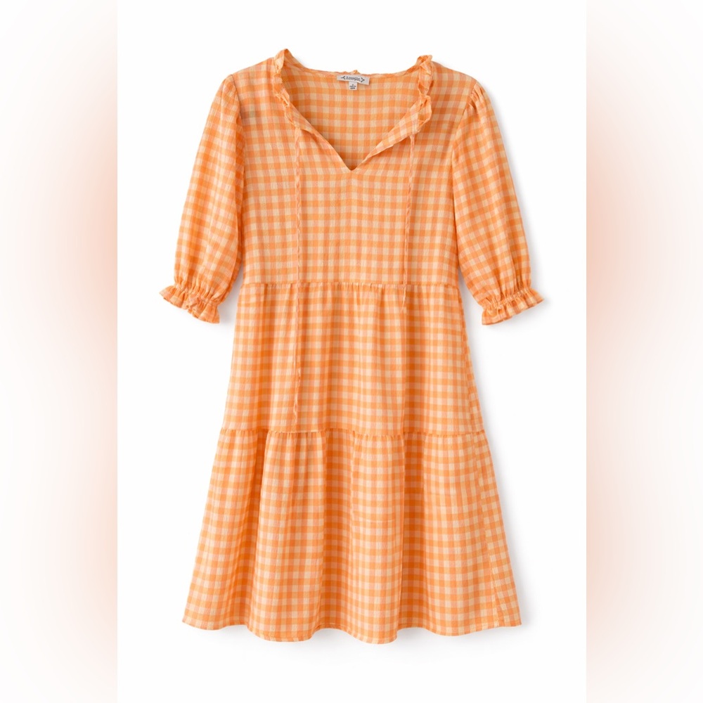 Nanette Lepore tangerine orange and yellow Gingham Tiered Dress